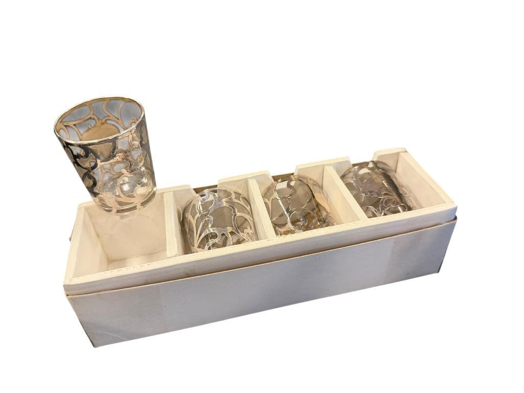 SET OF FOUR VINTAGE SILVER OVERLAY GLASS SHOT GLASSES: IN BOX, NO CHIPS OR CRACKS 2" H 