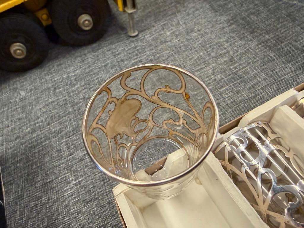 SET OF FOUR VINTAGE SILVER OVERLAY GLASS SHOT GLASSES - 4