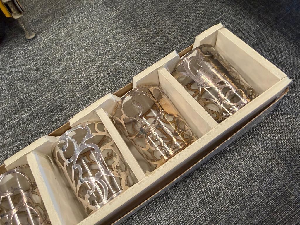 SET OF FOUR VINTAGE SILVER OVERLAY GLASS SHOT GLASSES - 6