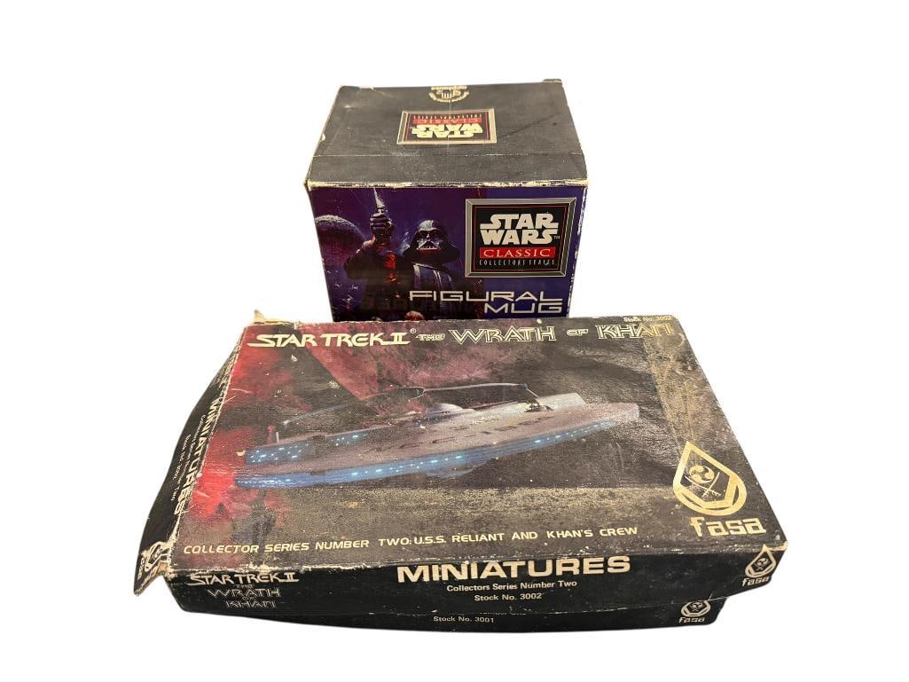 STAR TREK II THE WRATH OF KAHN PEWTER FIGURINES IN ORIGINAL BOXES AND STAR WARS CERAMIC MUG OF C-...: FIGURAL MUG DESIGN, PEWTER FIGURES MADE BY FASA, BOXES ARE IN ROUGH CONDITION BUT FIGURES SEEM TO BE INTACT, STOCK NO. 3001 AND 3002, MUG INCLUDES CERTIFICATE OF AUTHENTICITY 