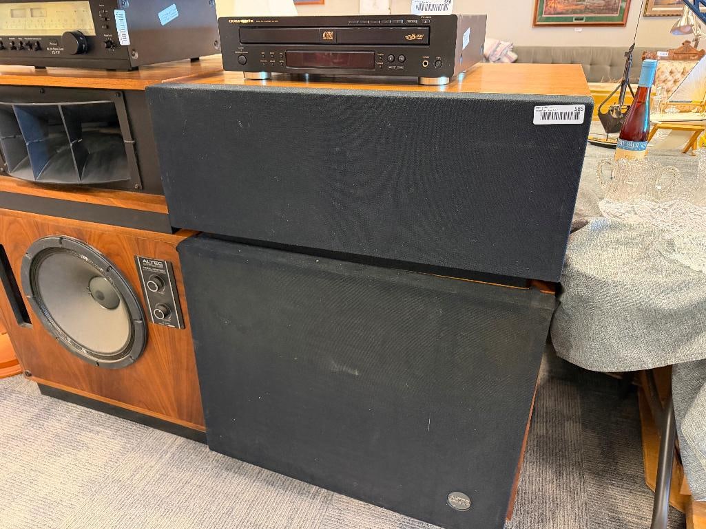 PAIR OF VINTAGE 1976 ALTEC LANSING MODEL 19 SPEAKER SYSTEMS FEATURING OILED WALNUT CABINETS: 2-WAY STUDIO AUDIO MONITOR SYSTEMS, CABINETS ARE IN GOOD CONDITION AND SPEAKERS ARE INTACT, COVERS NEEDS SOME REPAIR, SERIAL # 06166 AND 03924 30" X 19" X 49" 