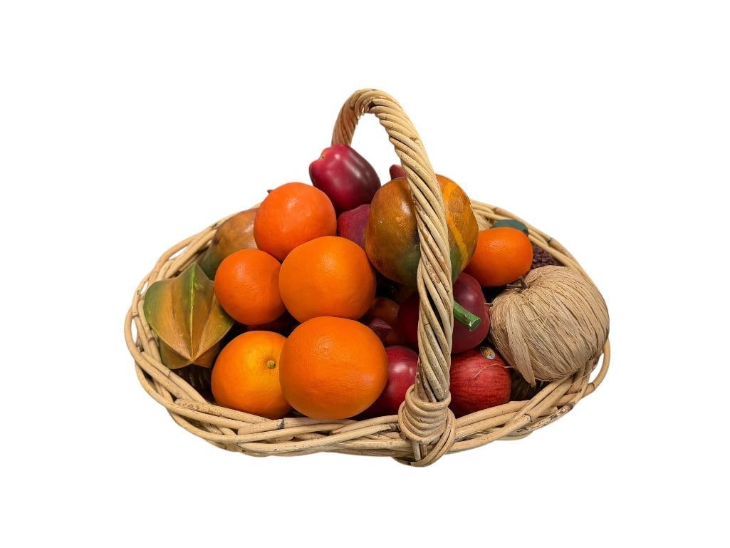 FAUX FRUIT IN WICKER BASKET CENTERPIECE DISPLAY: FEATURING VARIOUS VIBRANT COLORED FRUITS 20" X 15" X 10" HANDLE 