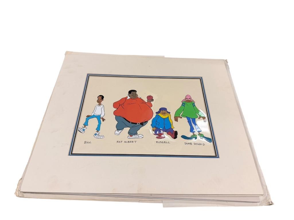 THREE ORIGINAL HANDPAINTED PRODUCTION ANIMATION CELS OF FAT ALBERT & THE COSBY KIDS: EACH WITH CERTIFICATE OF AUTHENTICITY FROM GALLERY LAINZBERG BY LINDA RICH, COPYRIGHT 1972 WILLIAM H. COSBY JR., FEATURING FAT ALBERT, DUMB DONALD, BILL, MUSH MOUTH, RUSSELL, AND RUDY, EACH HAS