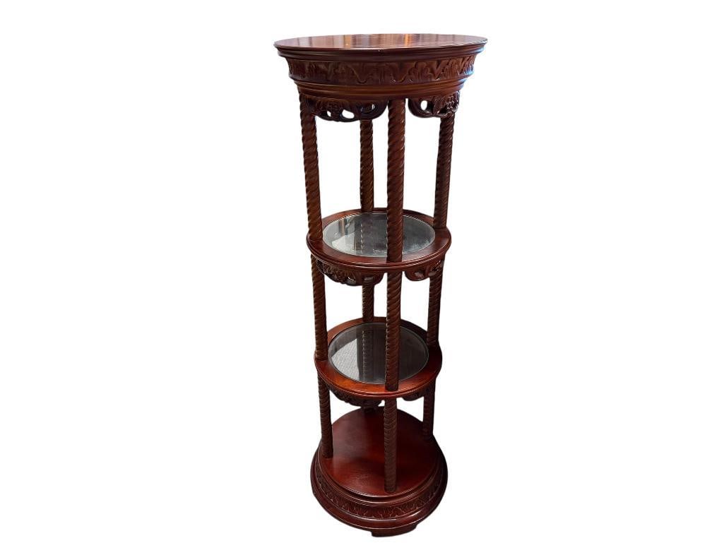 ELEGANT CHERRY-STAINED WOOD AND GLASS FOUR TIER DISPLAY SHELF STAND: FEATURING GRAPE MOTIF WITH COLUMNS AND TWO GLASS TIERS, GOOD CONDITION 13 1/2" X 39 1/2" 