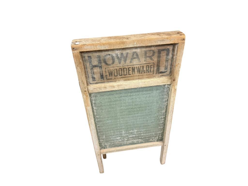 TWO ANITUQE HOWARD MFG. WASHBOARDS INCLUDING HOWARD WOODENWARE AND CROWN WASHBOARDS: FAIR CONDITION 12" X 24" 