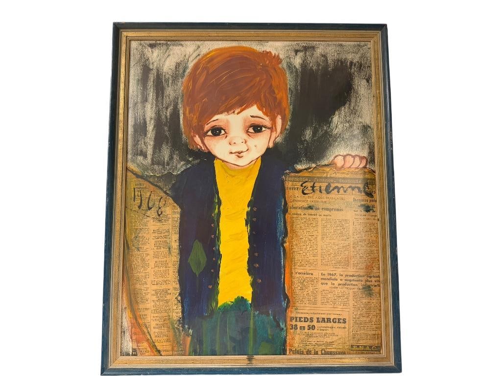 ROGER ETIENNE ORIGINAL GOUACHE WATERCOLOR PAINTING " BIG EYE BOY " DATED 1968: FRAMED WITH ARTIST INFO, SIGNED BY ARTIST AND DATED, ROGER ETIENNE PARIS / HOLLYWOOD ARTIST (1923-2011) 17 1/2" X 21 1/2" 