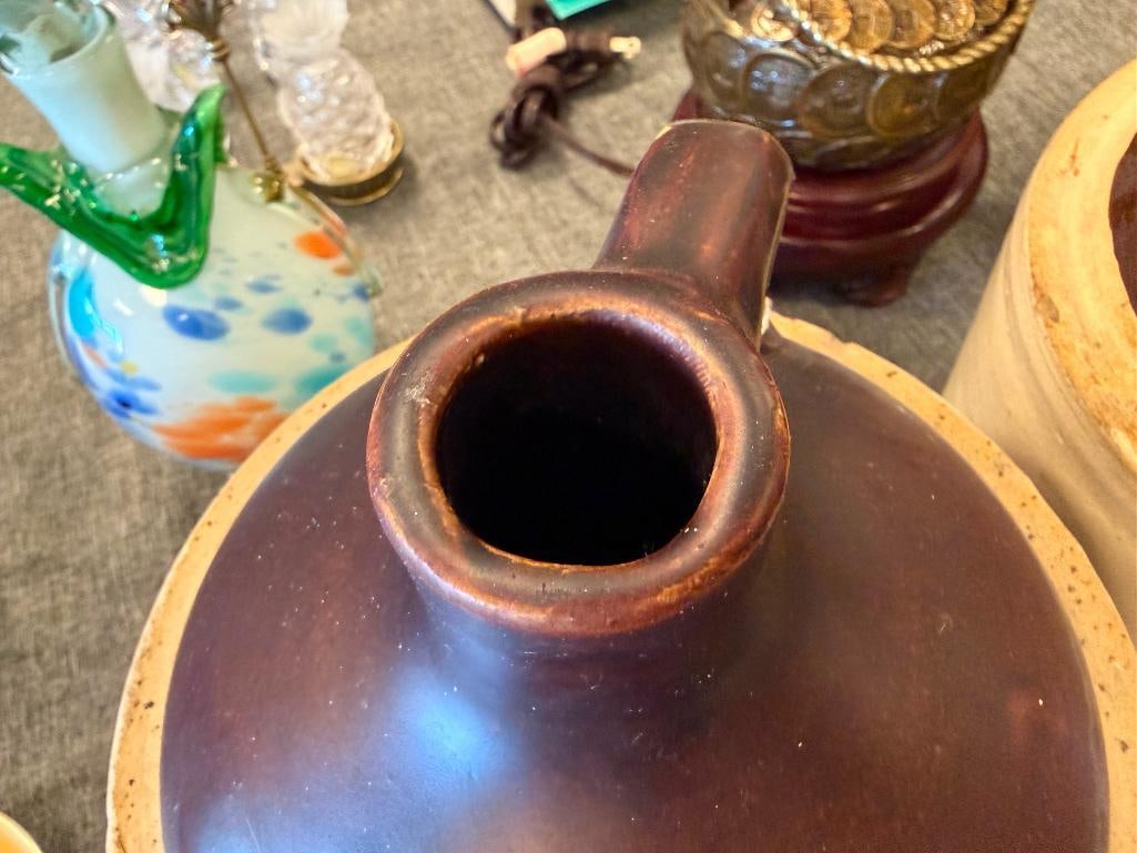 ANTIQUE STONEWARE POTTERY BROWN GLAZE WHISKY JUGS - 11