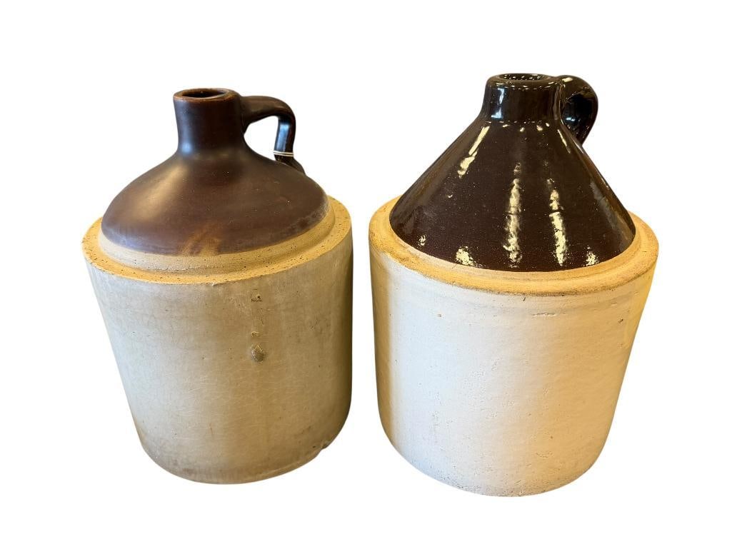 ANTIQUE STONEWARE POTTERY BROWN GLAZE WHISKY JUGS: ROUND WHISKY JUGS WITH CONICAL AND ROUND TOPS, ONE HAS MATTE GLAZE, OTHER HAS GLOSS GLAZE, BOTH HAVE LOOP HANDLE 10 1/4" AND 10 3/4" H 