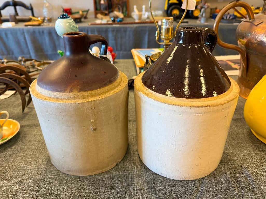 ANTIQUE STONEWARE POTTERY BROWN GLAZE WHISKY JUGS - 3