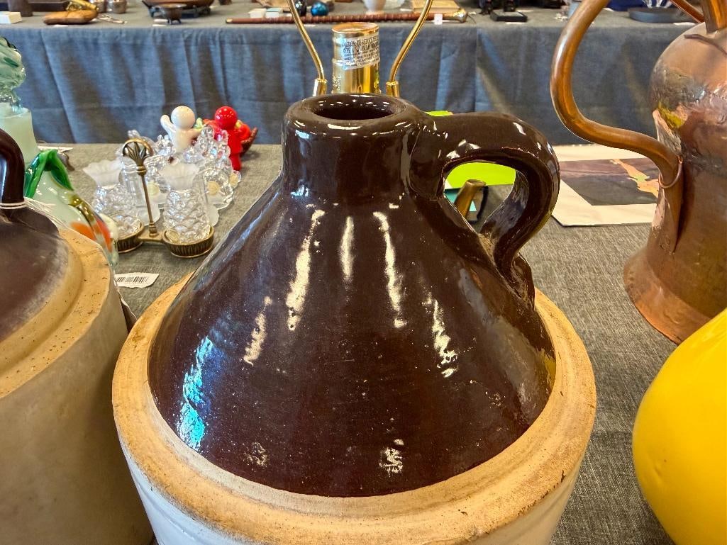 ANTIQUE STONEWARE POTTERY BROWN GLAZE WHISKY JUGS - 5