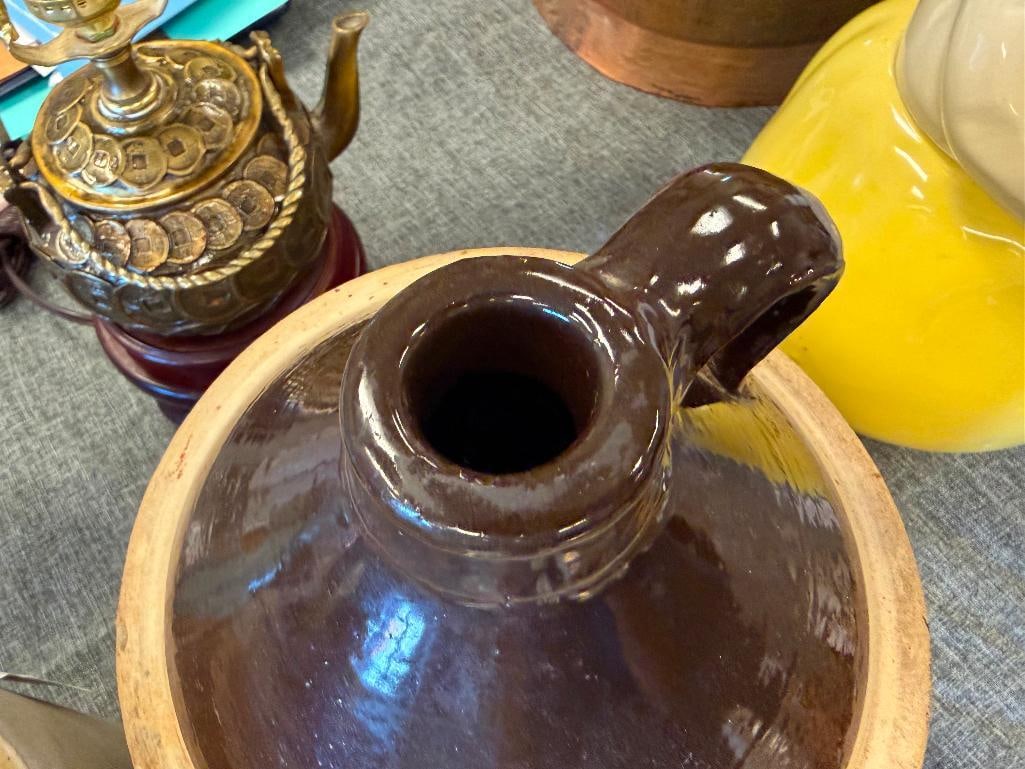 ANTIQUE STONEWARE POTTERY BROWN GLAZE WHISKY JUGS - 8