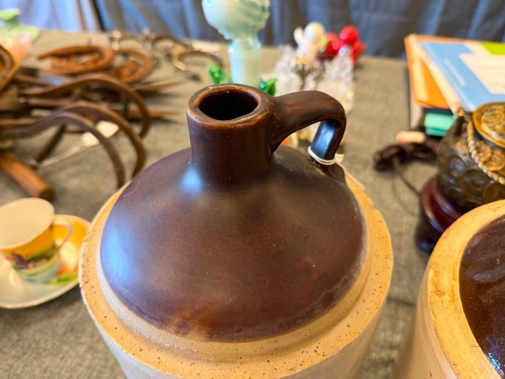 ANTIQUE STONEWARE POTTERY BROWN GLAZE WHISKY JUGS - 9