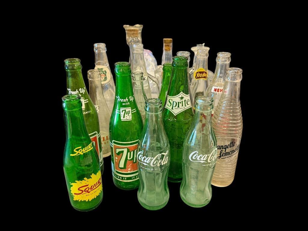 VINTAGE SODA POP GLASS BOTTLES COCA-COLA, 7-UP, SQUIRT, YOO-HOO, NEHI, BIRRELL'S, POMMAC, CANADA ... (1 of 20)