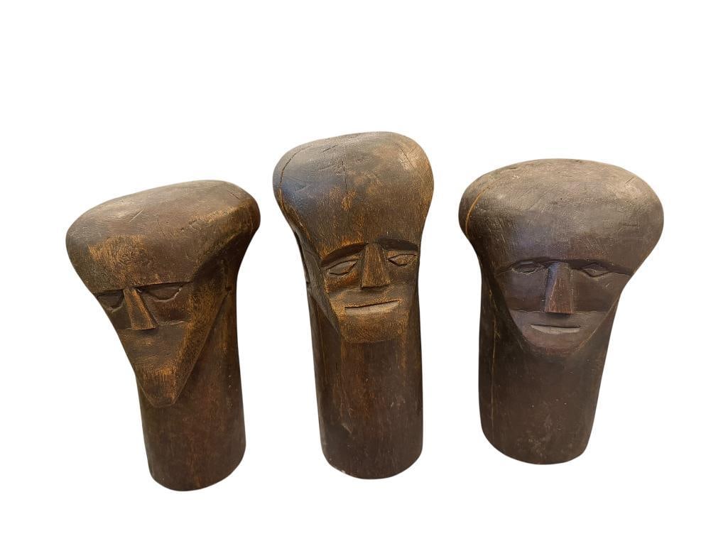 AFRICAN HAND CARVED FANG RELIC WOOD HEAD SCULPTURE FROM GABON OR EQUATROIAL GUINEA: THREE HAND CARVED HEAD STATUES 8" AND 8 3/4" H 
