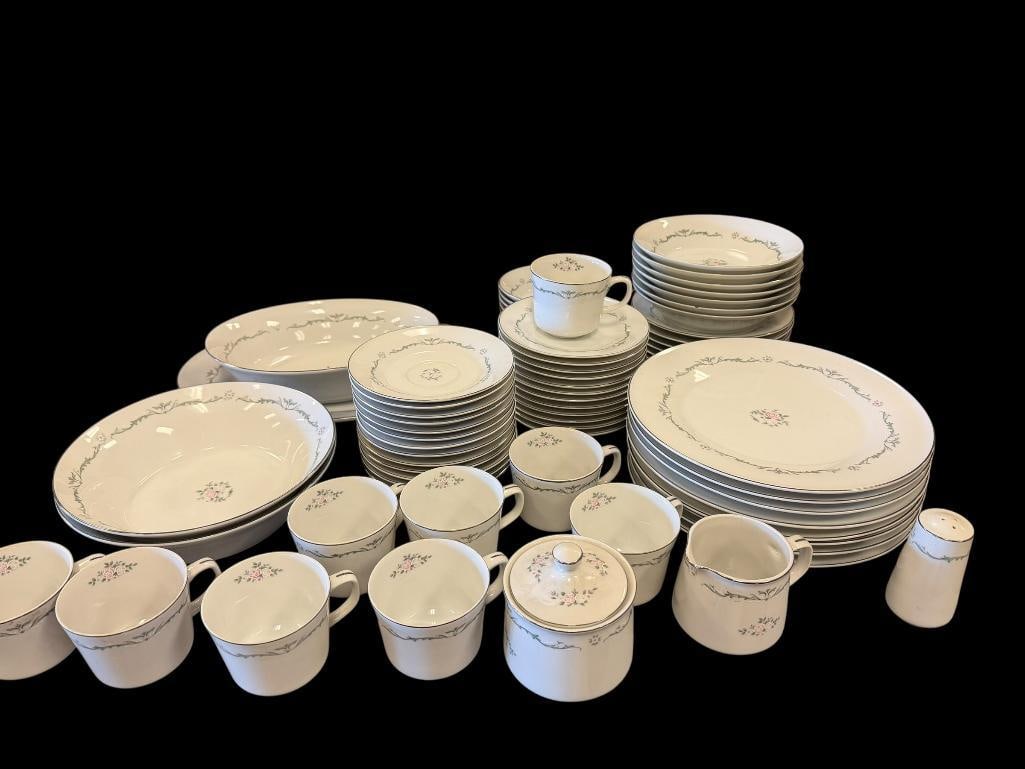 SIGNATURE COLLECTION SELECT FINE CHINA PETITE BOUQUET CHINA SET MADE IN JAPAN: PINK AND WHITE FLORAL DECORATED CHINA SET WITH SILVER ACCENT RIM, 68 PIECES TOTAL, ONE BOWL HAS A CHIP ON THE RIM, SHIPPING NOT OFFERED ON THIS ITEM 