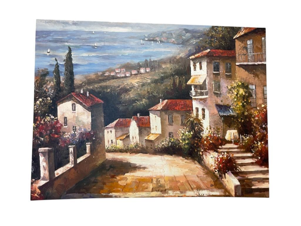 LARGE ART CANVAS OF A MEDITERRANEAN - TUSCAN COASTAL LANDSCAPE SCENE: PRINT ILLUSTRATES MOUNTAIN VIEW OVERLOOKING TO COASTAL VIEW, UNFRAMED 47" X 35" 
