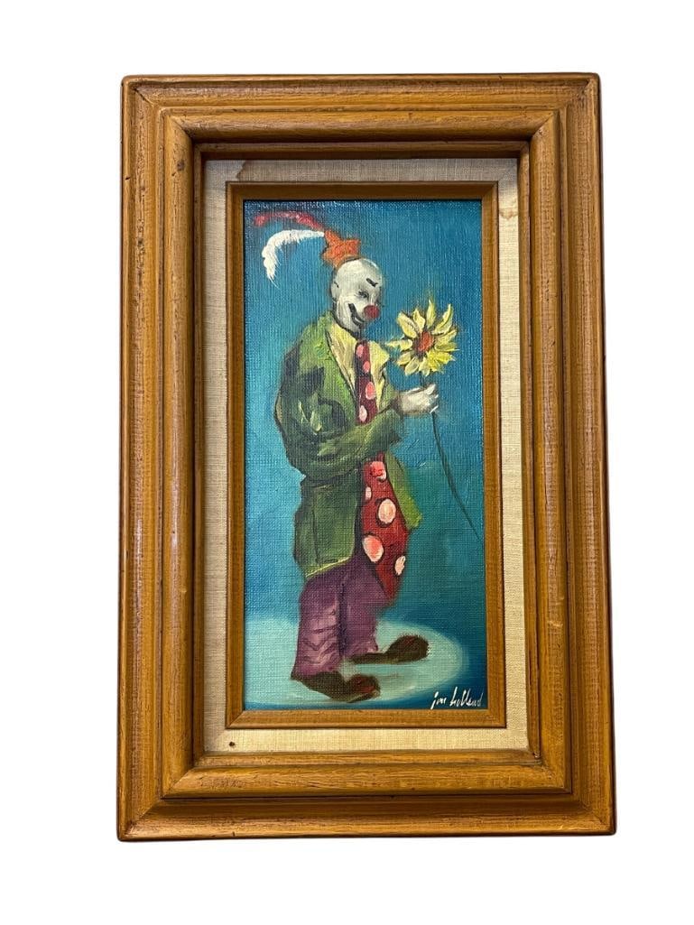 JON HELLAND WELL KNOWN CALIFORNIA ARTIST ORIGINAL ACRYLIC PAINTING OF A CLOWN: JON HELLAND WAS A WELL KNOWN CALIFORNIA ARTIST FOR HIS PAINTINGS OF CLOWNS, ART DEPICTS A HOBO CLOWN HOLDING A FLOWER, SIGNED LOWER RIGHT, FRAMED 10 1/2" X 16 1/2" FRAME 