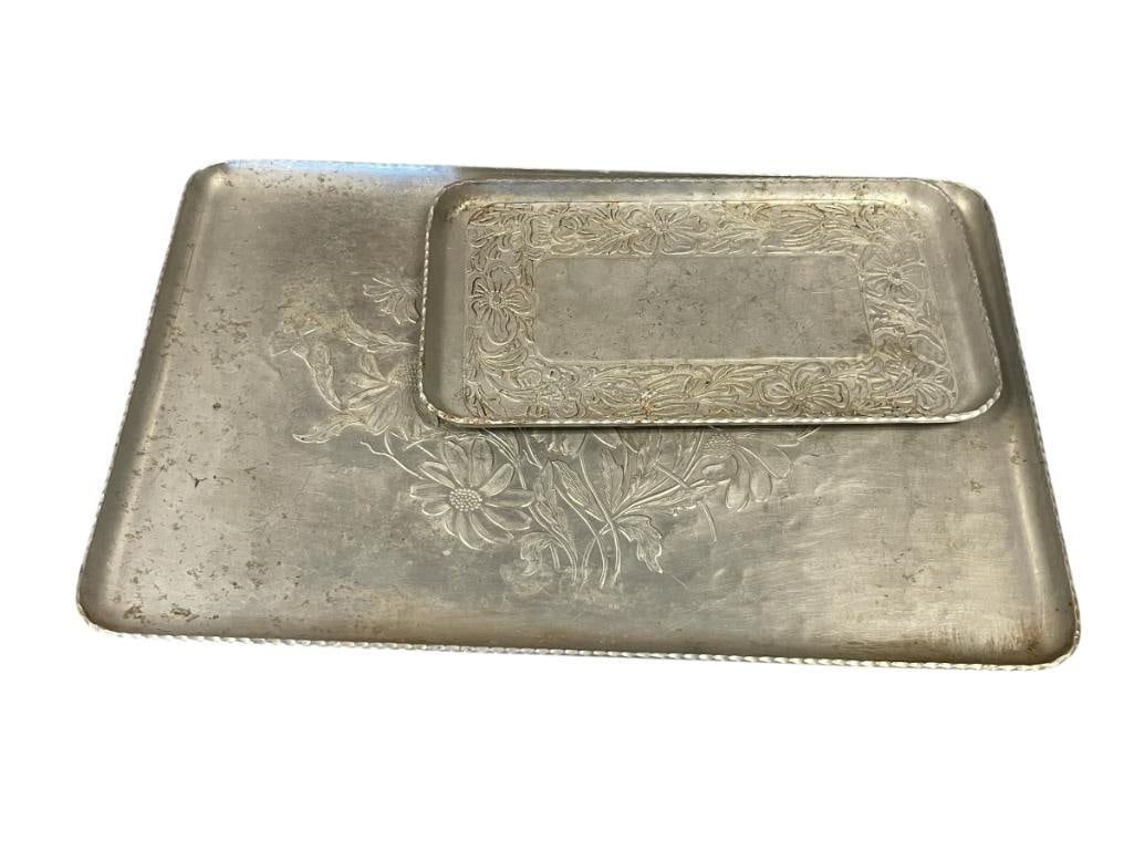 EVERLAST METAL HAND FORGED ALUMINUM SERVING TRAYS: FLORAL DESIGN HAND HAMMERED SERVINGS TRAYS, EACH IS MARKED ON THE BOTTOM 9" AND 14"
