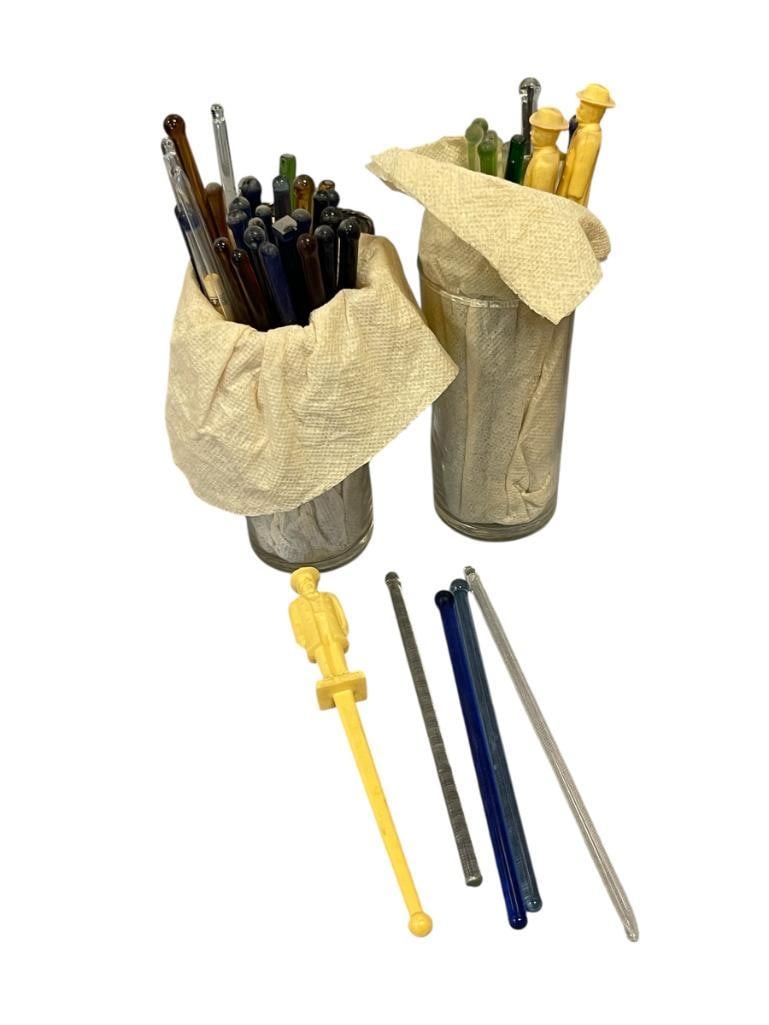 OVER 50 VINTAGE PLASTIC AND GLASS MIXING / COCKTAIL / SWIZZLE STICKS: MOSTLY GLASS SWIZZLE STICKS MOST APPROX. 6" 