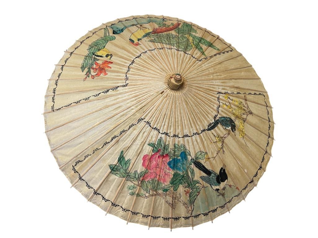 1960'S CHINESE PAPER PARASOL WITH HAND PAINTED FLORAL AND BIRD MOTIFS: BAMBOO FRAME, NO TEARS 38" ROUND 