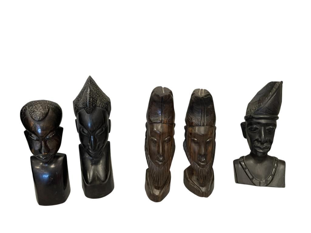 VINTAGE HAND CARVED AFRICAN TRIBAL BUSTS MADE FROM EBONY OR ROSEWOOD: FIVE BUSTS TOTAL 8 1/2" UP TO 9 3/4" H 