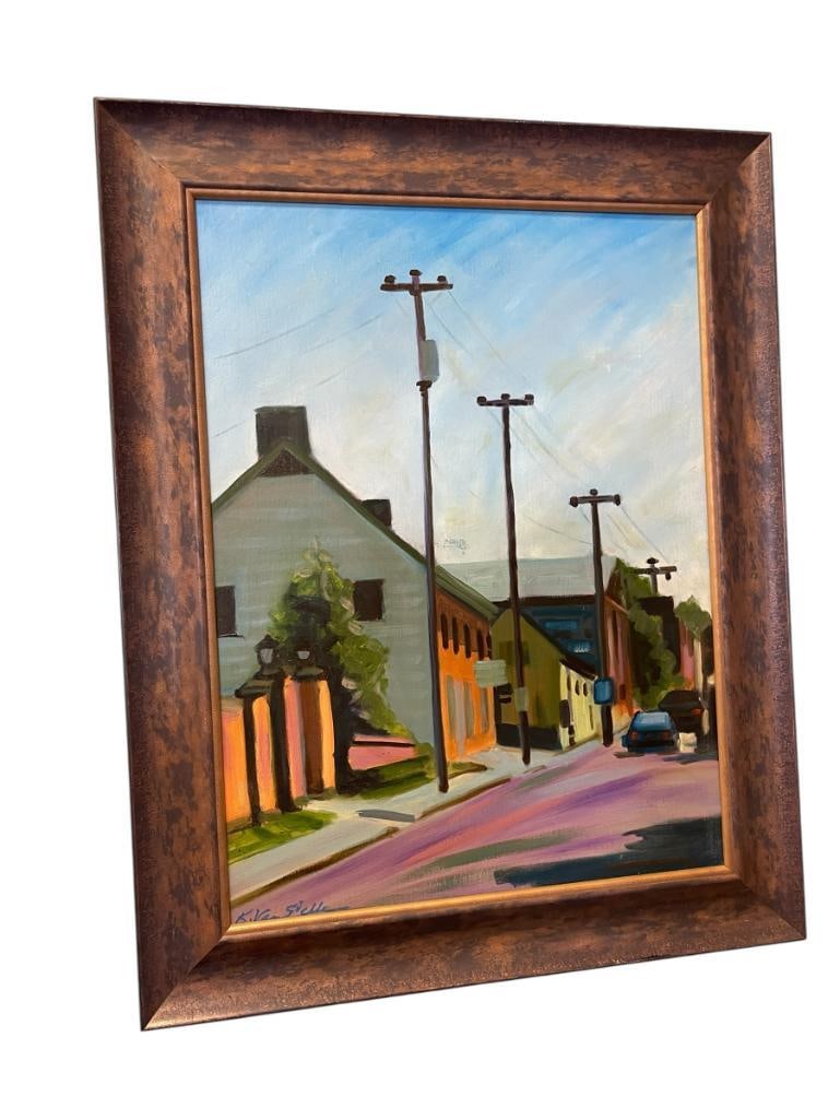 K. VANSICKLE ACRYLIC ON CANVAS STREET SCENE POSSIBLY KIRAH VAN SICKLE: ART DEPICTS A STREET SCENE WITH HOMES, PARKED CARS, AND TELEPHONE POLES, SIGNED LOWER LEFT, FRAMED 23" X 29" FRAME 