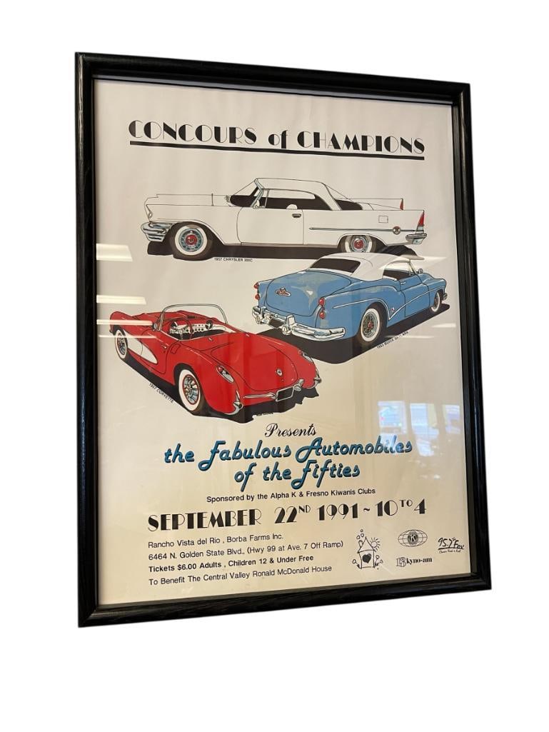 1991 CONCOURS OF CHAMPIONS FRESNO CA. CLASSIC VEHICLE CAR SHOW PROMOTIONAL POSTER: THE FABULOUS AUTOMOBILES OF THE FIFTIES, FRAMED 19" X 25" FRAME 