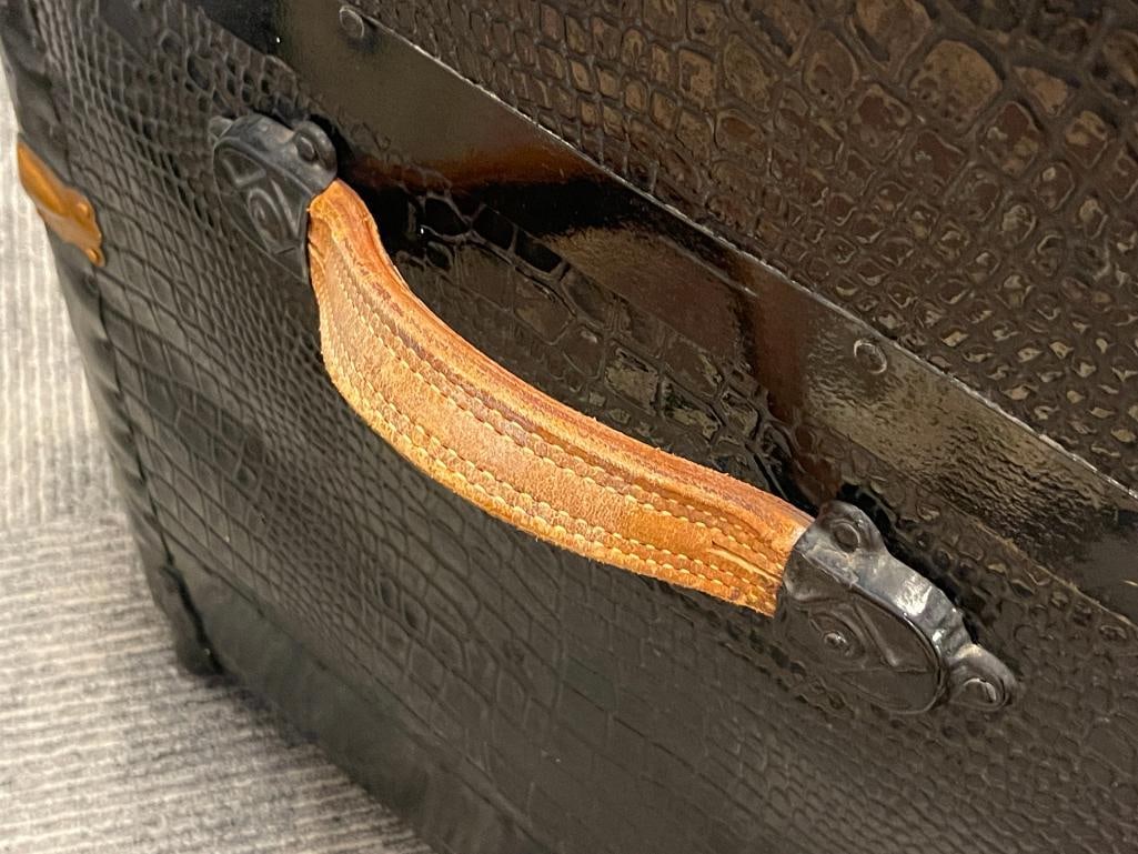 NICELY RESTORED ANTIQUE CAMEL BACK TRUNK ALLIGATOR METAL OVERLAY - 6