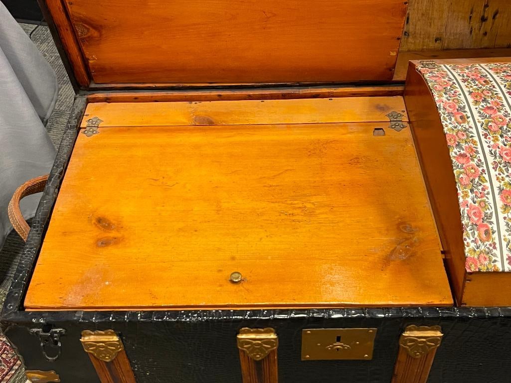 NICELY RESTORED ANTIQUE CAMEL BACK TRUNK ALLIGATOR METAL OVERLAY - 8