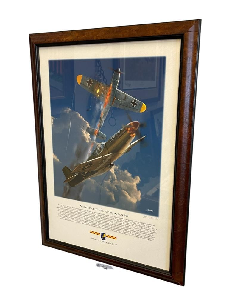 DAN ZOERNIG DIGITAL AVIATION ARTIST LIMITED EDITION PRINT BUD ANDERSON'S P-51 MUSTANG VS ME 109S: ART DEPICTS CAPT C.E. BUD ANDERSON ATTACKING ME 109S WHILE DEFENDING B-17S, ARTSIT SIGNED LOWER RIGHT, NO. 89/250, FRAMED 15" X 21" FRAME 