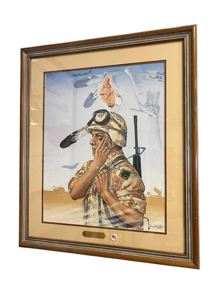 ENOCH KELLY HANEY SEMINOLE / MUSCOGEE OKLAHOMA ARTIST AND POLITICIAN LIMITED EDITION PRINT: ART IS TITLED PREPARING FOR BATTLE, NO. 1726/1850, ART DEPICTS NATIVE AMERICAN SOLDIER IN MILITARY UNIFORM WITH IMAGE OF A NATIVE AMERICAN MAN ABOVE WITH SILHOUETTES OF MILITARY VEHICLES IN THE