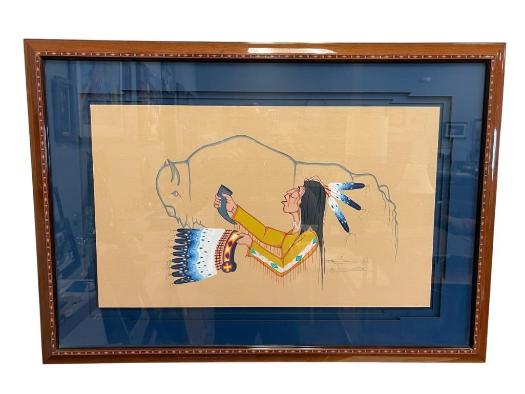 ERIC BIG SOLDIER WOOD NATIVE AMERICAN ARTIST OF IOWA TRIBE GOUACHE PAINTING ON PAPER: ART DEPICTS NATIVE AMERICAN MAN IN CEREMONY HOLDING BUFFALO HORN AND HEADDRESS CALLING BUFFALO SPIRIT, DATED 1992, FRAMED 34 1/2" X 24 1/2" FRAME 