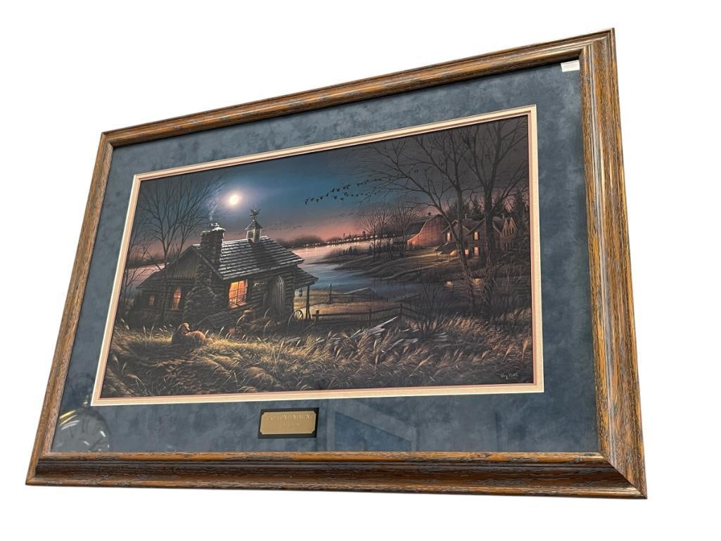 TERRY REDLIN AMERICAN ILLIUSTRATOR LIMITED EDITION PRINT TITLED PURE CONTENTMENT NO. 223/9500: TERRY REDLIN (1937-2016) WAS AN AMERICAN ARTIST KNOWN FOR HIS OUTDOOR AND WILDLIFE SCENE ARTIST, ART DEPICTS A SERENE LANDSCAPE OF A LOG CABIN NEAR A BODY OF WATER WITH GOLDEN RETRIEVER ENJOYING