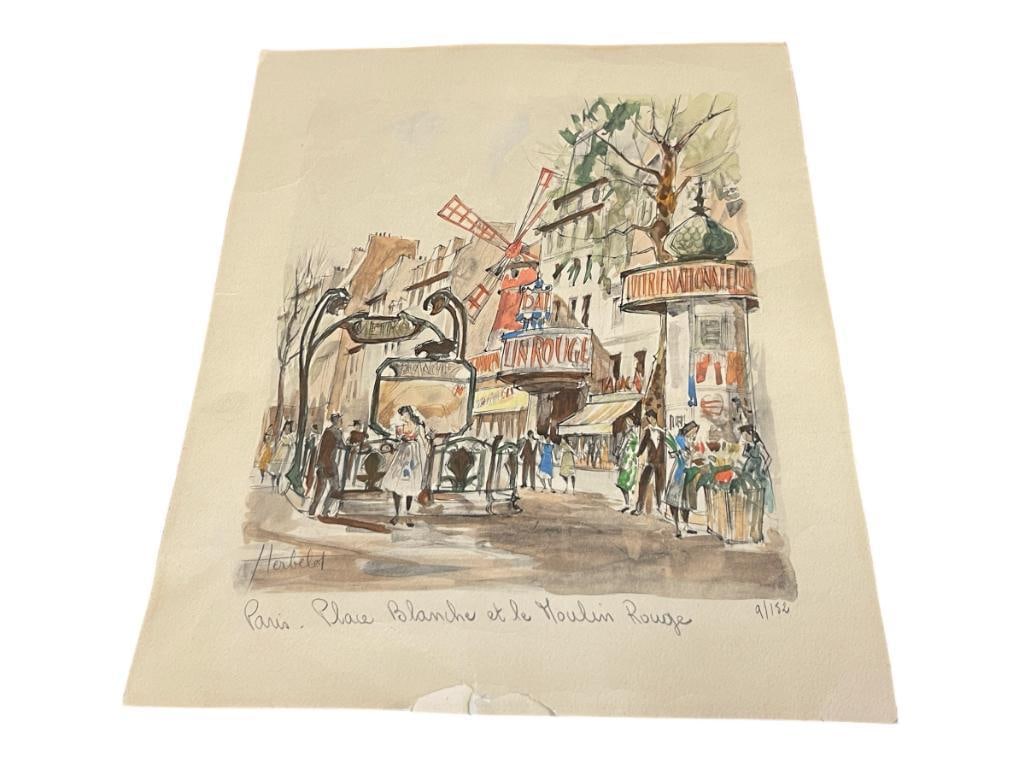 FRANZ HERBELOT FRENCH ARTIST LITHOGRAPH PARISIAN STREET SCENE MOULI ROGUE: ART TITLE PLACE BLANCHE ET LE MOULIN ROUGE, NO, 9/152, TEARS ALONG THE BOTTOM EDGE 11" X 14" 