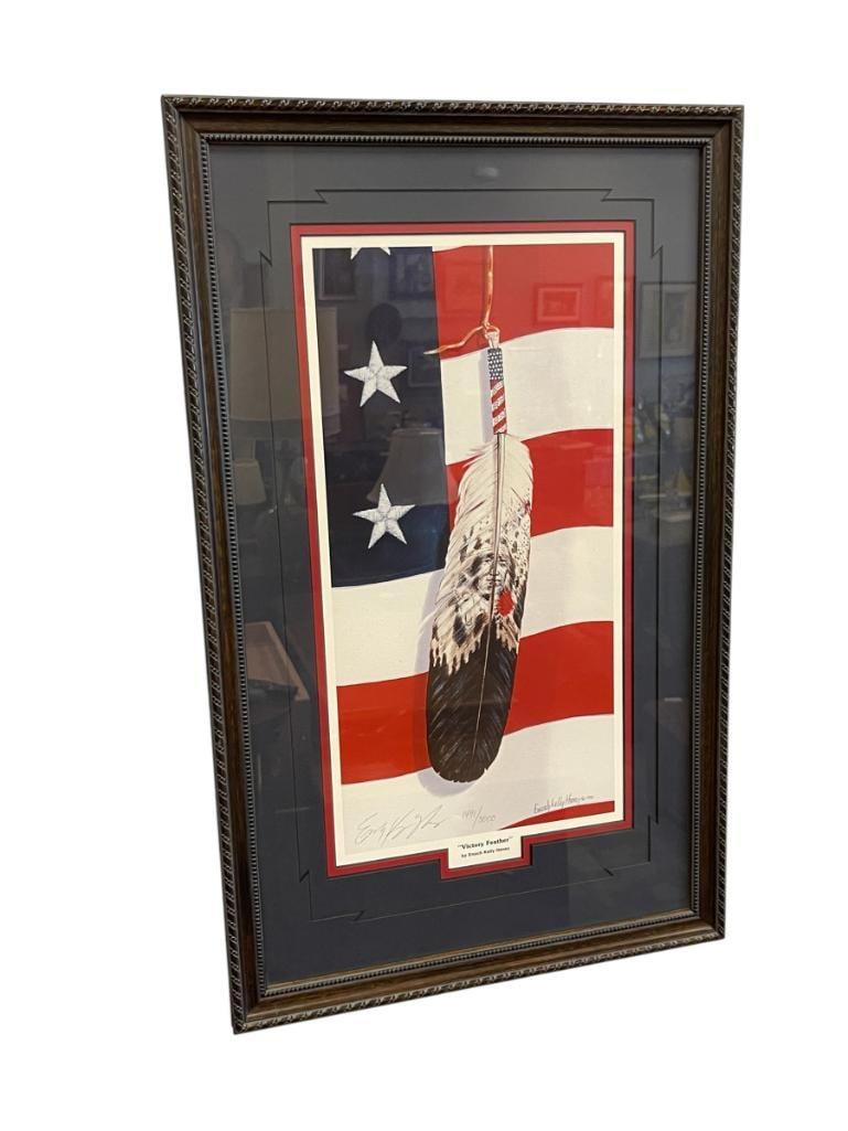 ENOCH KELLY HANEY SEMINOLE / MUSCOGEE OKLAHOMA ARTIST AND POLITICIAN LIMITED EDITION PRINT: ART IS TITLED VICTORY FEATHER, SIGNED LOWER LEFT, NO. 1491/3000, ART DEPICTS A GHOSTED IMAGE OF A NATIVE AMERICAN SOLDIER PORTRAIT ON A FEATHER WITH AMERICAN FLAG BACKGROUND, CERTIFICATE OF