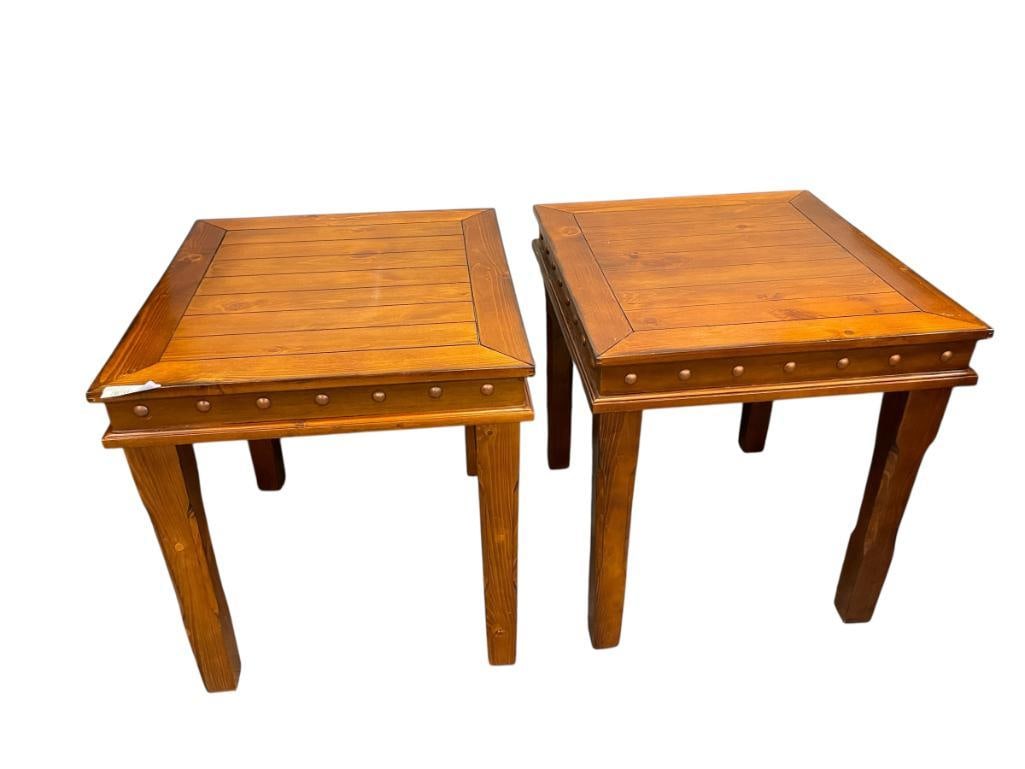 PAIR OF ENDTABLES WITH STUDDED TRIM MEDIUM FINISH PINE: LITTLE TO NO WEAR 22" X 24" X 24" 
