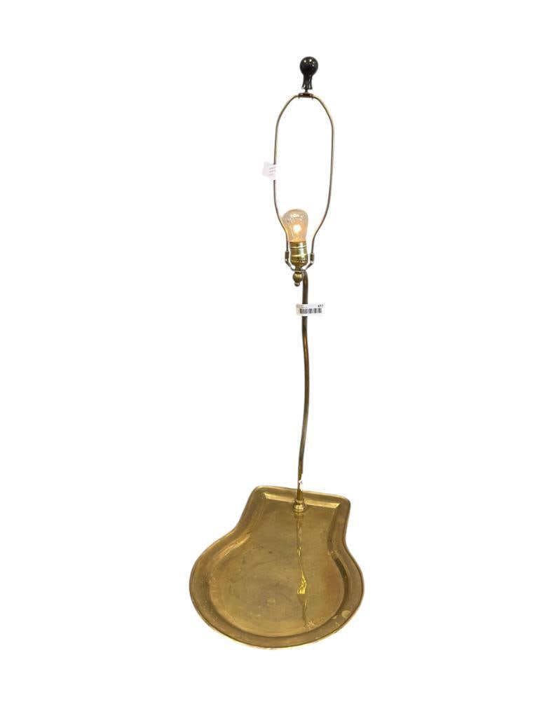 MID-CENTURY MODERN BRASS TRAY LAMP: BRASS LAMP WITH LONG STEM RISING FROM LARGE TRAY, TESTED + 13 1/2" X 9" TRAY, 38" H 