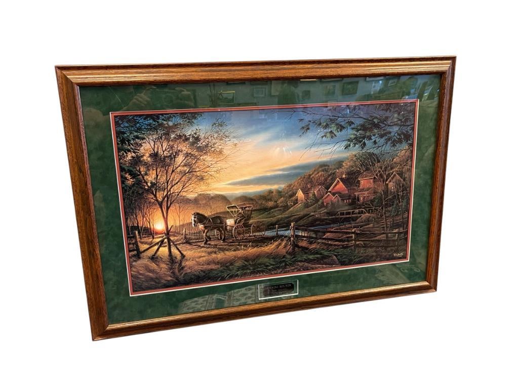 TERRY REDLIN AMERICAN ILLIUSTRATOR LIMITED EDITION PRINT TITLED MORNING ROUNDS NO. 5628/6800: TERRY REDLIN (1937-2016) WAS AN AMERICAN ARTIST KNOWN FOR HIS OUTDOOR AND WILDLIFE SCENE ARTIST, ART DEPICT EARLY MORNING OF A MAN ON HORSE DRAWN BUGGY WITH VILLAGE IN THE BACKGROUND, PLATE SIGNED ART