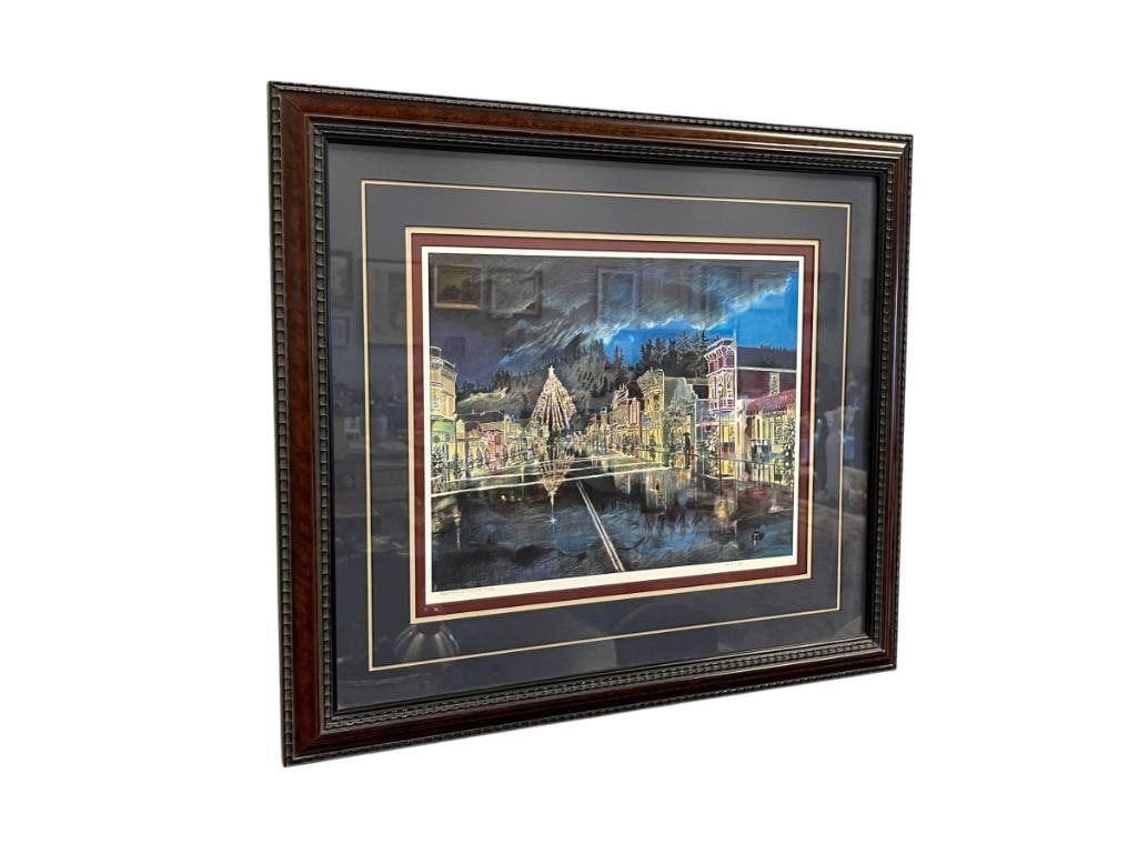 JACK MAYS NORTHERN CALIFORNIA PANORAMIC ARTIST LIMITED EDITION PRINT: WELL KNOWN ARTIST FOR HIS PAINTINGS OF HIS HOMETOWN OF FERNDALE, CA. PRINT DEPICTS CENTER STREET DURING THE HOLIDAYS WITH LARGE LIT UP CHRISTMAS TREE, NO. 5/1500, SIGNED LOWER RIGHT, FRAMED 22" X