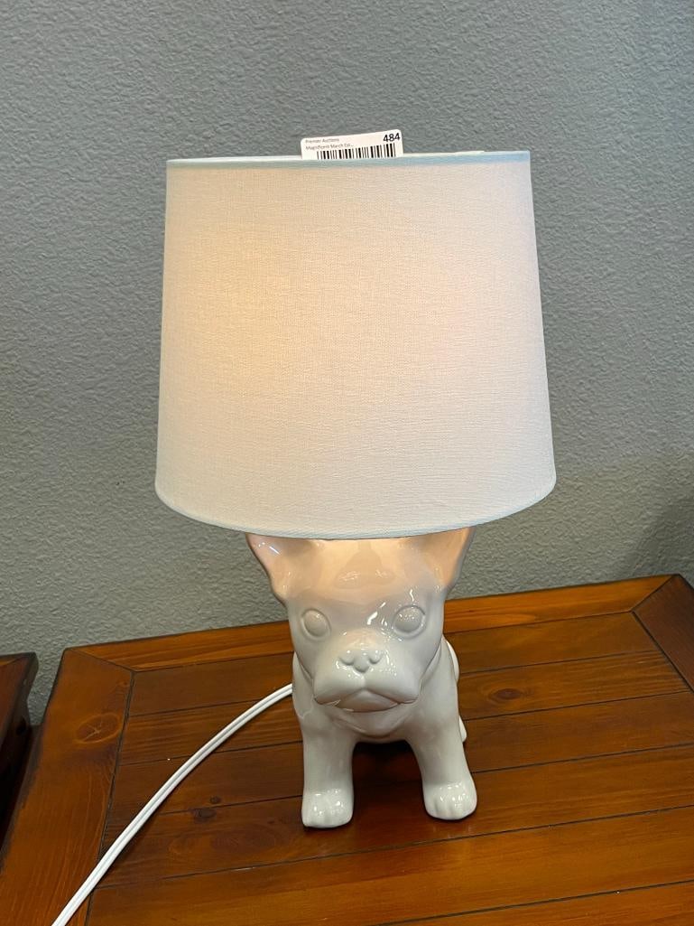DECORATIVE WHITE CERAMIC BULLDOG FIGURAL LAMP WITH TEXTILE SHADE: TESTED + 16 3/4" H 