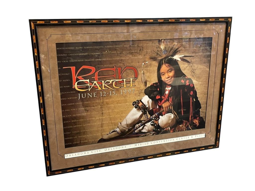 1997 RED EARTH MYRIAD CONVENTION CENTER AND PLAZA OKLAHOMA CITY NATIVE AMERICAN PROMOTIONAL POSTER: CULTURAL FESTIVAL POSTER, SIGNED BY ARTIST, FRAMED 27 1/2" X 20 1/2" 