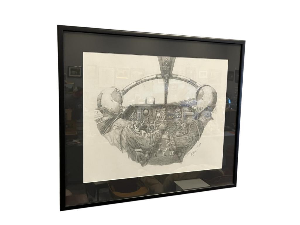 FERGUSON AVIATION LIMITED EDITION COCKPIT PRINT SKETCH NO. 70/100: ART DEPICTS TWO PILOTS IN THE COCKPIT OF A PLANE, SIGNED LOWER RIGHT, FRAMED 27" X 23" FRAME 