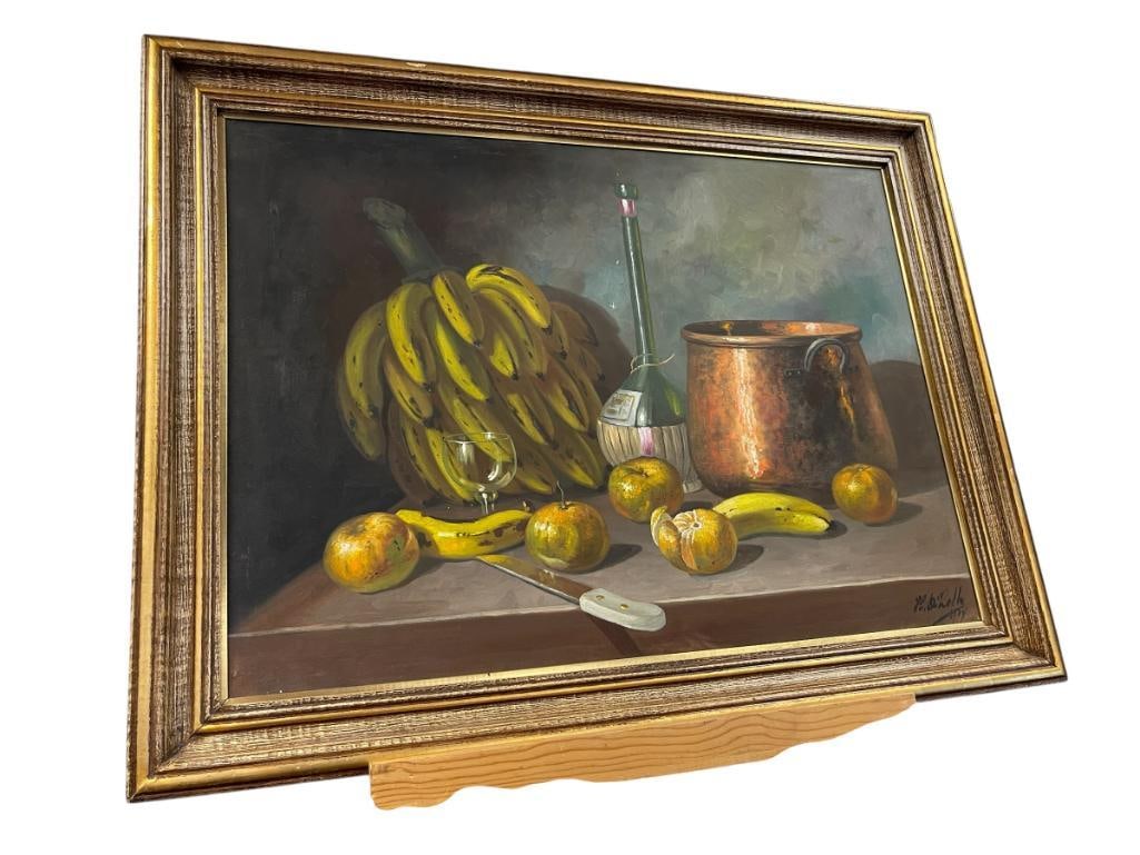 HENRIQUE DE LELLO BRAZILLIAN ARTIST ORIGINAL ACRYLIC ON CANVAS STILL-LIFE PAINITNG DATED 1954: HENRIQUE DI LELLO (1916 B.) ORIGINAL PAINTING STILL-LIFE DEPICTS TABLE WITH FRUITS, WINE, KNIFE, AND LARGE COPPER CAULDRON, SIGNED LOWER RIGHT, FRAMED 33 1/2" X 26" FRAME 
