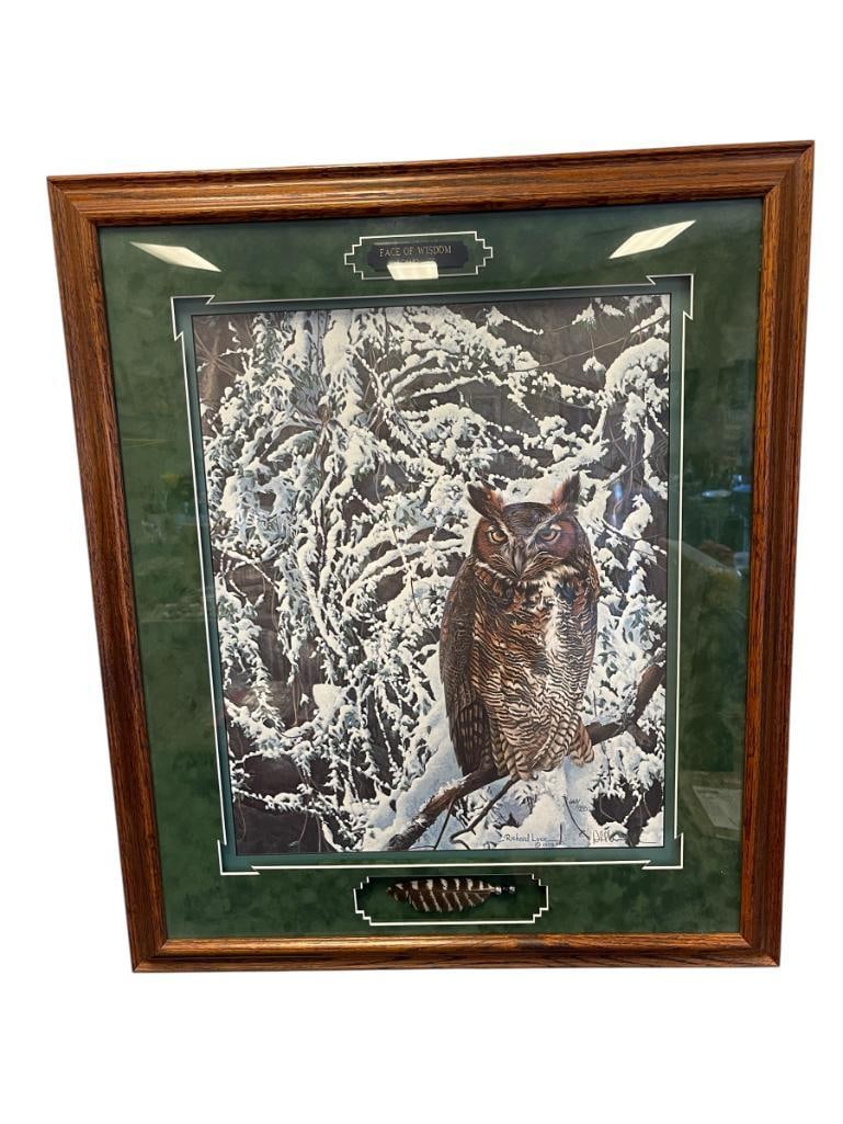 RICHARD LUCE NEW YORK / KENTUCKY ARTIST LIMITED EDITION PRINT TITLED FACE OF WISDOM NO. 668/1250: ART DEPICTS HORNED OWL PERCHED ON A BRANCH WINTER SCENE, SIGNED LOWER RIGHT,CERTIFICATE OF AUTHENTICITY AND ARTIST INFO ON THE BACK, FRAMED 24" X 28" FRAME 