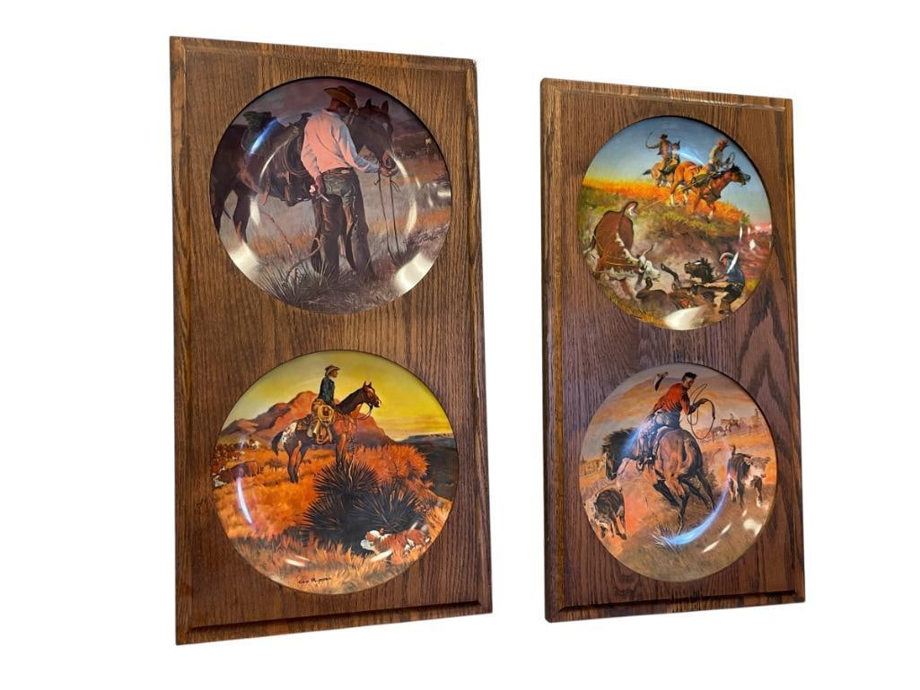 1976-1979 INTRODUCING AMERICA'S AMERICAN WESTERN AETIST GEO PIPPEN ILLUSTRATED PLATES BY GORHAM: EACH PLATE IS IN IVORY AND GOLD WITH ILLUSTRATED IMAGE, EDITION OF 5000, FOUR PLATES TOTAL IN WOODEN FRAMES 13" X 25" FRAMES, 10 1/2" PLATES 