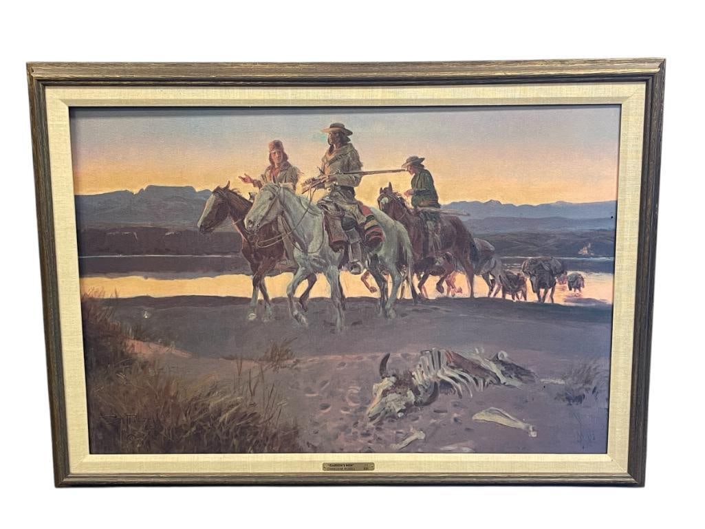CHARLES M. RUSSELL RENOWN WESTERN ARTIST LIMITED EDITION GICLEE ON CANVAS TITLED CARSON'S MEN: CHARLES M. RUSELL (1864-1926) PROLIFIC WESTERN ARTIST LIMITED EDITION GICLEE ON CANVAS, ART DEPICTS MEN ON HORSEBACK TRAVELING LANDSCAPE SCENE IN BACKGROUND, PLATE SIGNED LOWER LEFT, TITLE PLAQUE ON