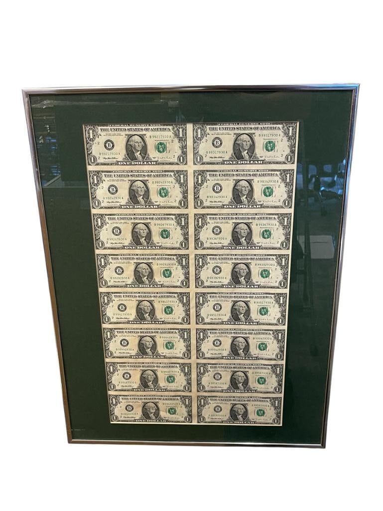 UNCUT SHEET OF 1995 $1 DOLLAR BILLS TOTAL OF 16 BILLS: 18" X 24" FRAME 