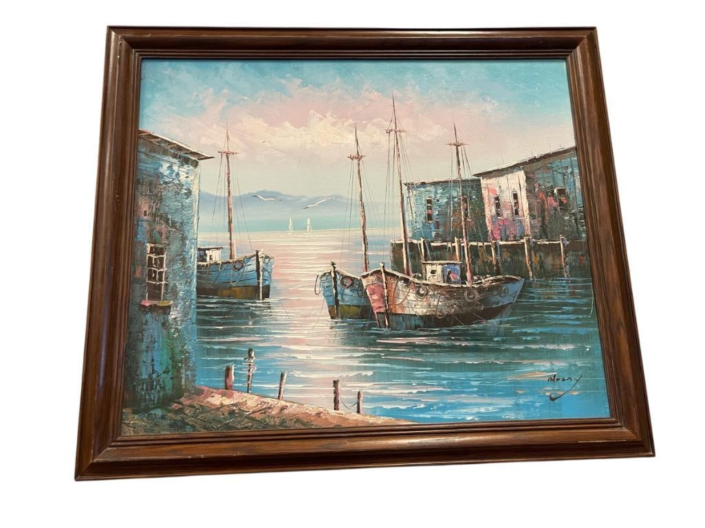 ORIGIANL ACRYLIC ON CANVAS ON PAINTING SIGNED: ART DEPICTS DOCKED FISHING BOATS IN HARBOR WITH BAIT HOUSES, SIGNED LOWER RIGHT, FRAMED 27 1/2" X 23 1/2" FRAME 
