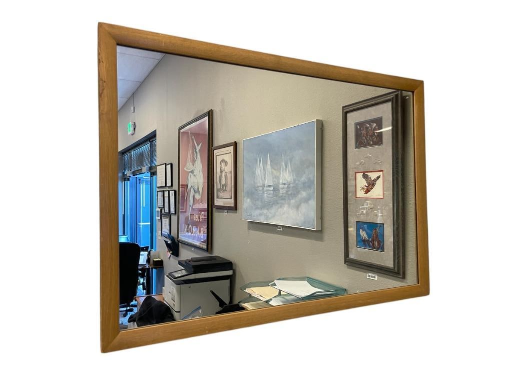 MID-CENTURY IMPERIAL FURNITURE MAHOGANY MIRROR MADE IN GRAND RAPIDS, MICH.: ORIGINAL LABEL ON THE BACK, LIGHT WEAR ALONG THE EDGES 47" X 33" FRAME 