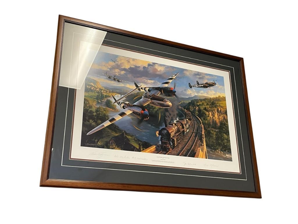 NICOLAS TRUDGIAN AVIATION ARTIST LIMITED EDITION PRINT WARBIRD LEGENDS SERIES LIGHTNING ENCOUNTER: PRINT DEPICTS P-38 LIGHTNINGS OF THE 370TH FIGHTER GROUP LAUNCH SURPRISE ATTACK ON GERMAN FREIGHT TRAIN, SIGNED BY THE ARTIST AND BY AVIATION VETERANS LARRY BLUMER, RICHARD DICK WILLIS, ROBERT BOB
